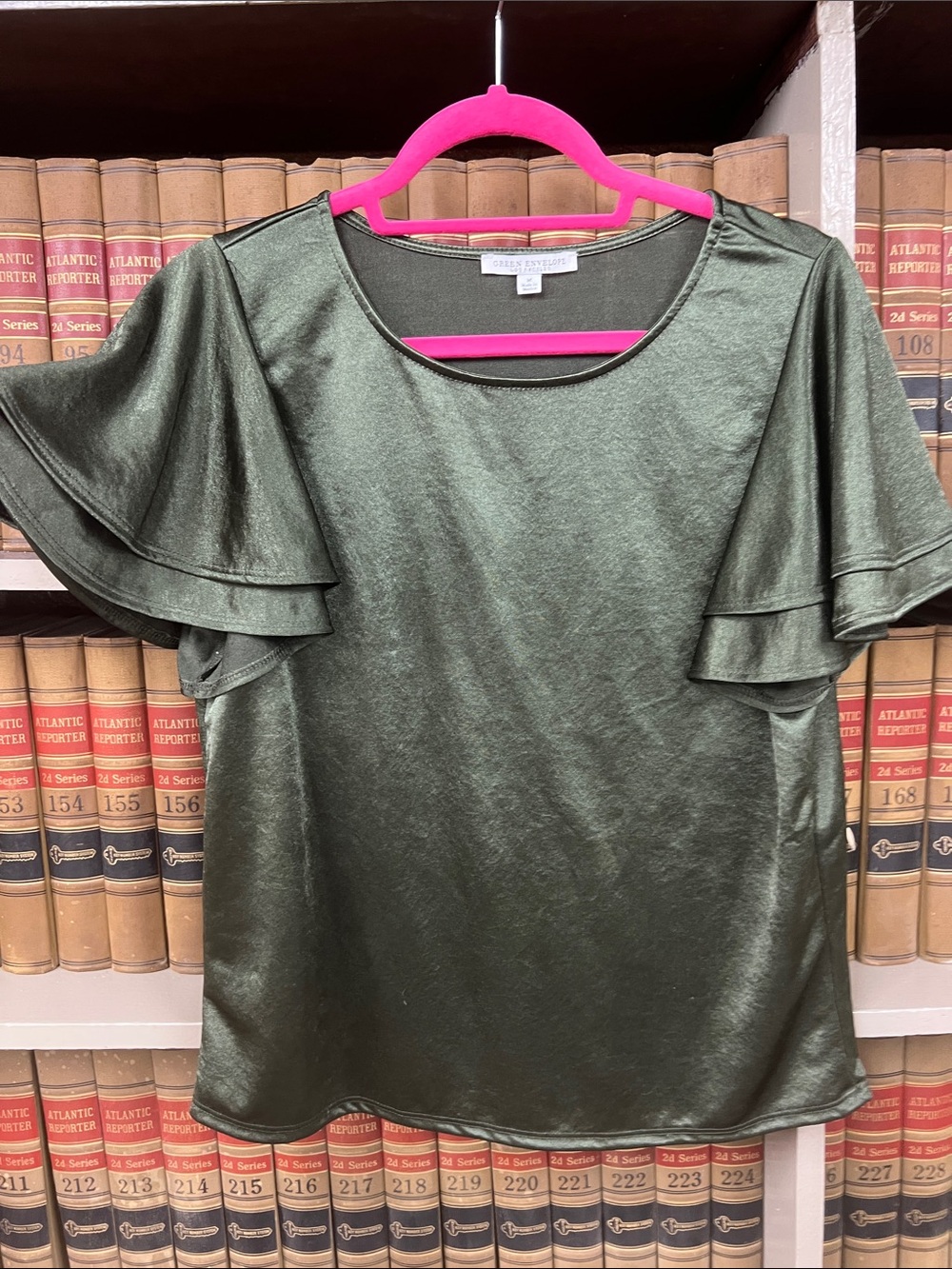 Green Satin lo Flutter Sleeve Women's Top